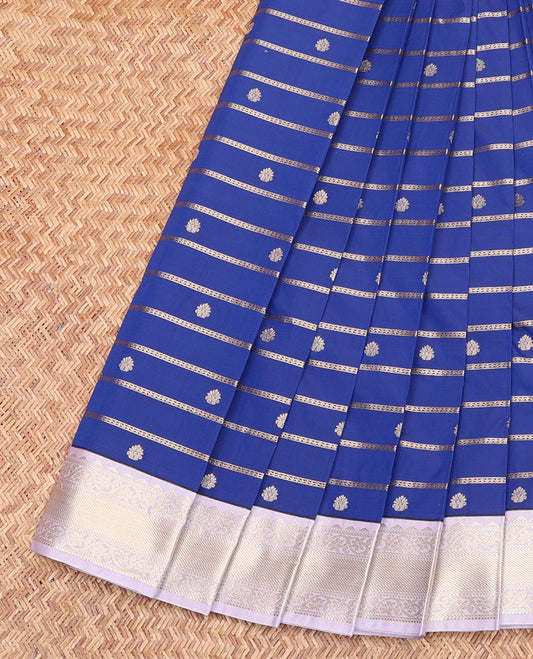 Blue Budget Silk Saree, Artfully Detailed with Zari Buttas and Stripes, Complemented by a Contrast Traditional Border, Jaal Pallu, and a Contrast Blouse