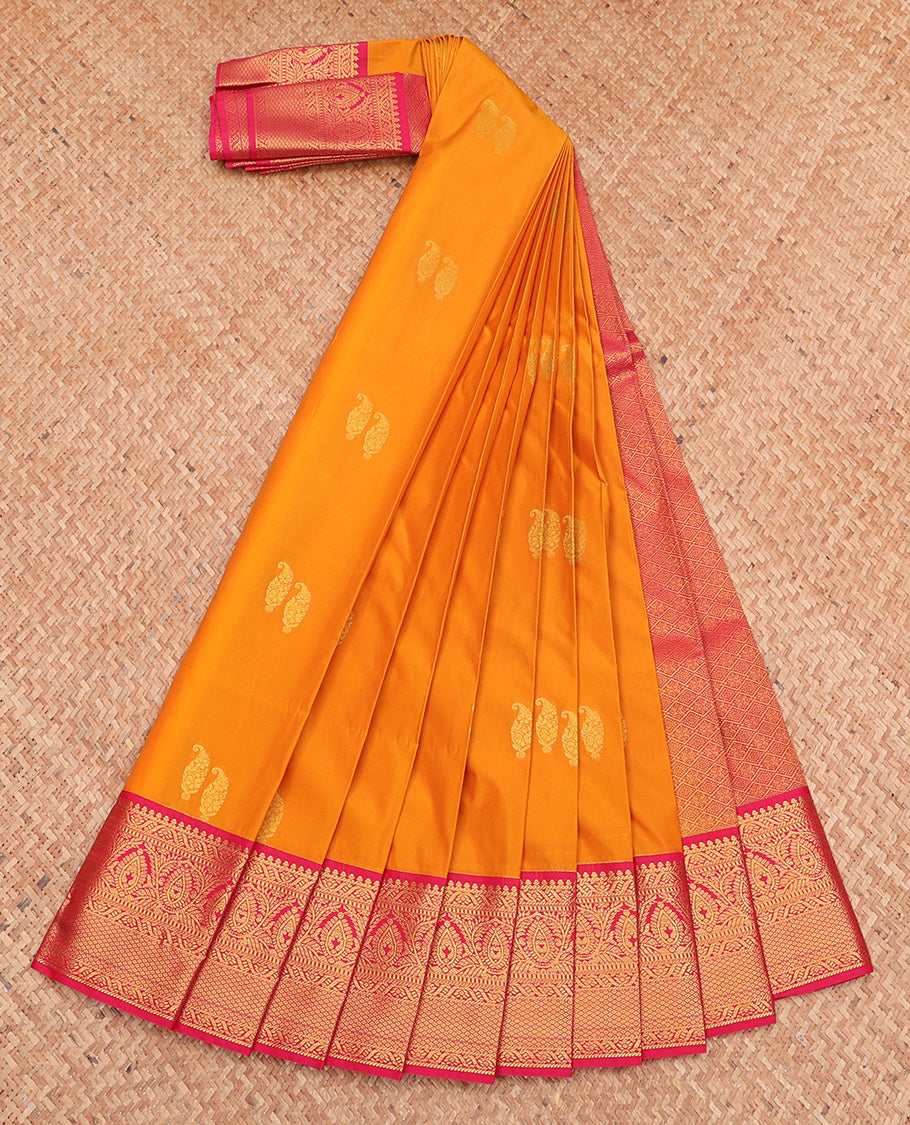Orange Budget Silk Saree, Beautifully Bedecked with Zari Buttas, Complemented by Contrast Traditional Zari Border, Jaal Pallu, and a Contrast Blouse