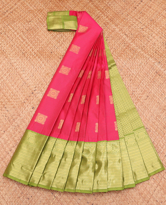 Red Budget Silk Saree, Detailed with Zari Buttas and Stripes, Complemented by a Contrast Traditional Zari Border, Jaal Pallu, and a Contrast Blouse