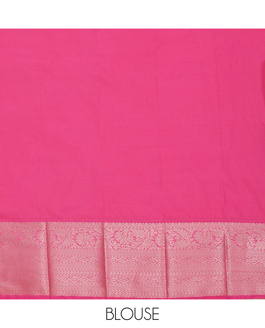 Green Budget Silk Saree Sparsely Sparkled with Tree Buttas and Stripes All Over Its Body, Complemented by a Contrast Border of Traditional Zari Designs, Pallu Gleamed Up with Jaal Designs, and Paired with a Contrast Blouse