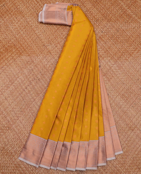 Yellow Budget Silk Saree Mesmerized with Zari Buttas and Stripes, Complemented with a Contrast Traditional Zari Design Border, Zari-Rich Jaal Pallu, and a Contrast Blouse