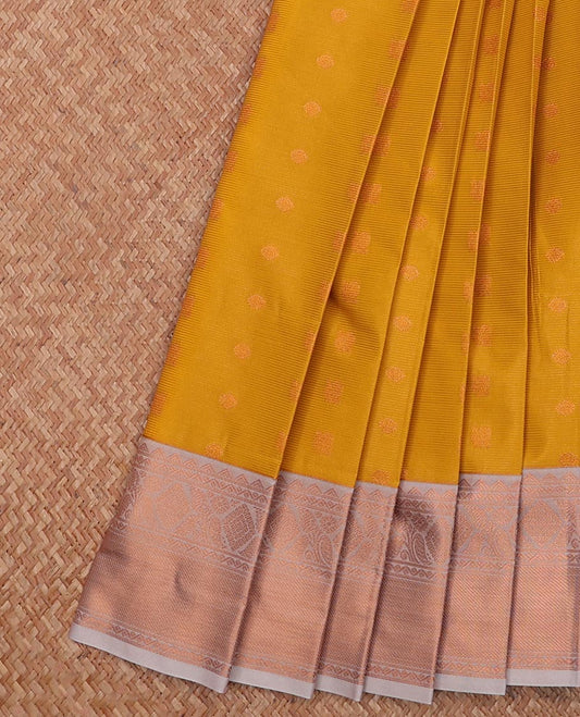 Yellow Budget Silk Saree Mesmerized with Zari Buttas and Stripes, Complemented with a Contrast Traditional Zari Design Border, Zari-Rich Jaal Pallu, and a Contrast Blouse