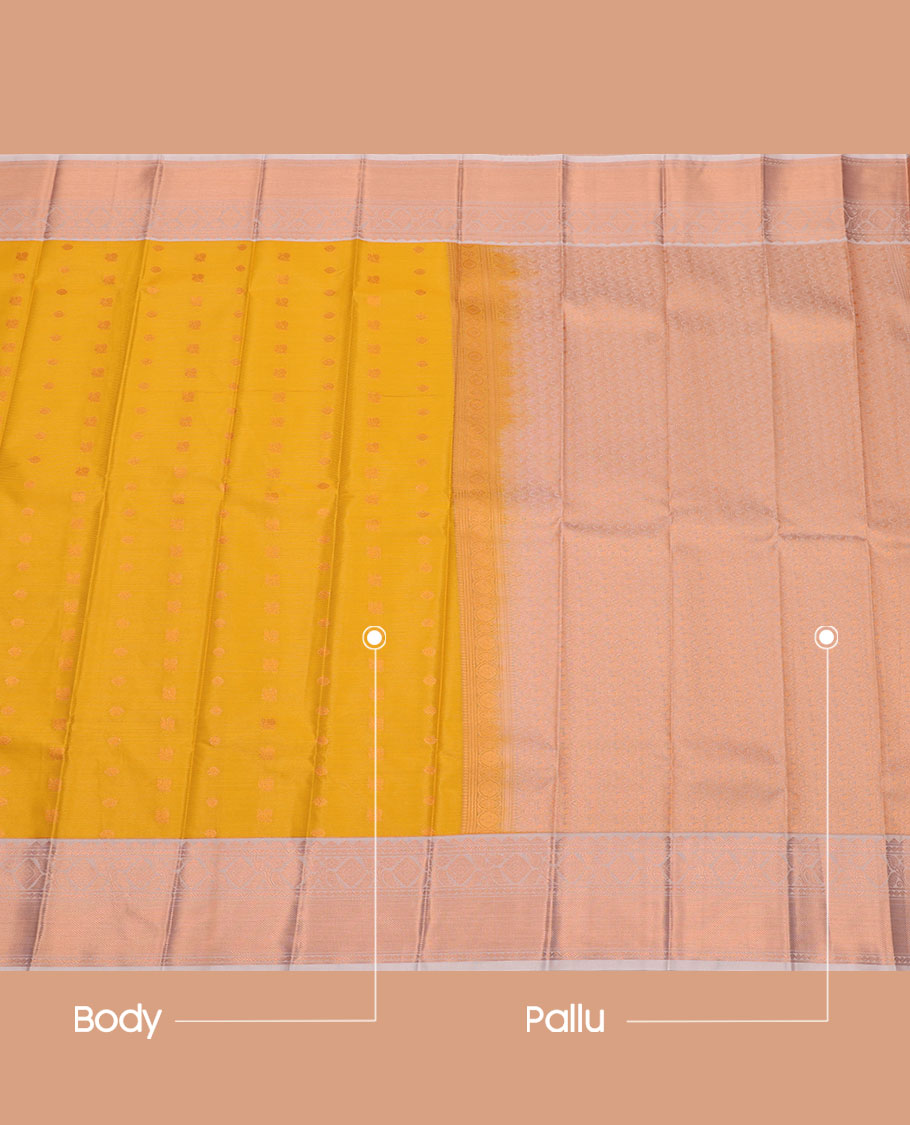 Yellow Budget Silk Saree Mesmerized with Zari Buttas and Stripes, Complemented with a Contrast Traditional Zari Design Border, Zari-Rich Jaal Pallu, and a Contrast Blouse