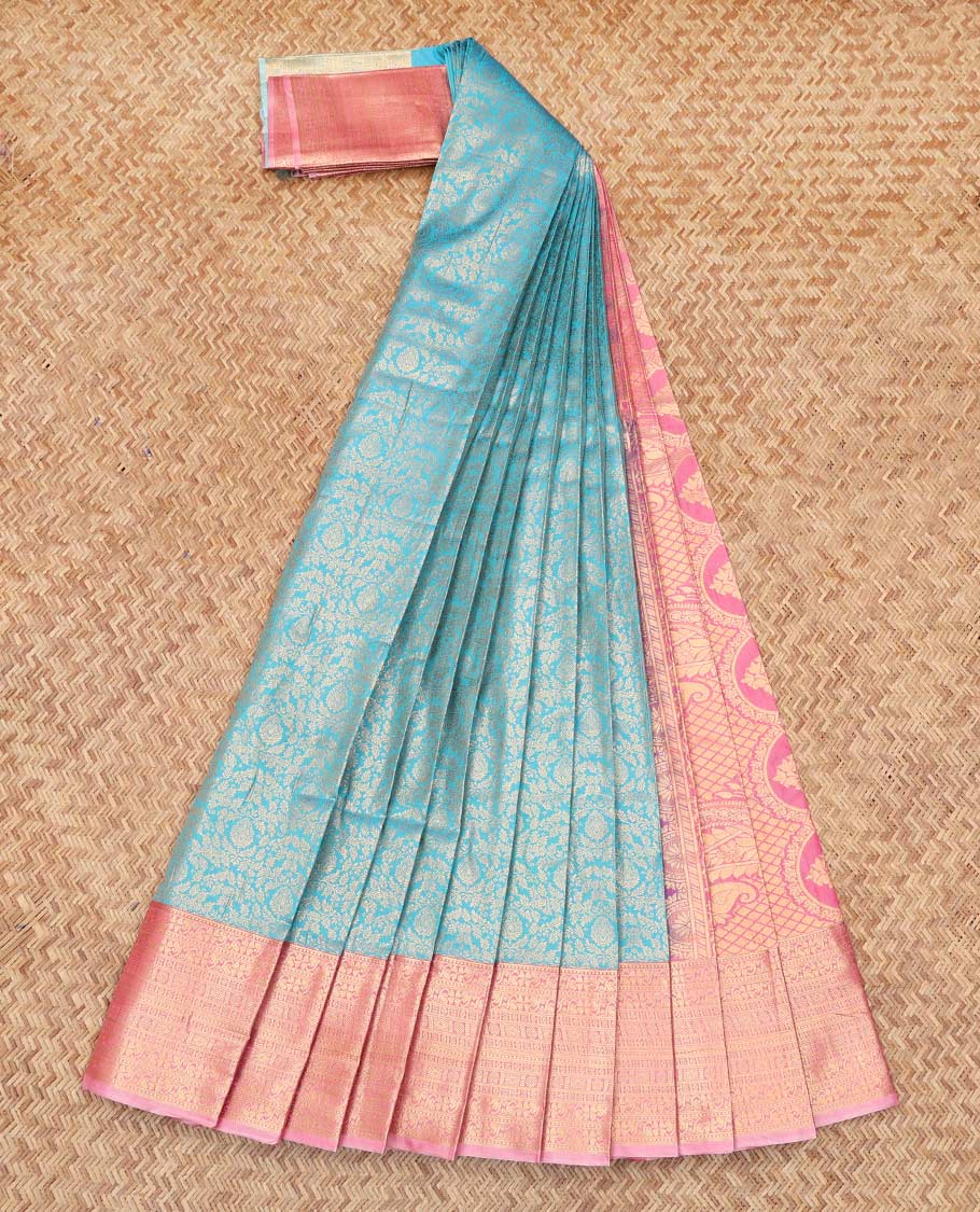 Sky Blue Budget Silk Saree, Styled with Jacquard Design, Complemented by Contrast Traditional Zari Border, a Grand Pallu and a Contrast Blouse