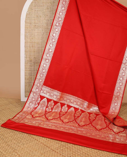 Red semi banaras nylon saree with self floral design border & floral design pallu
