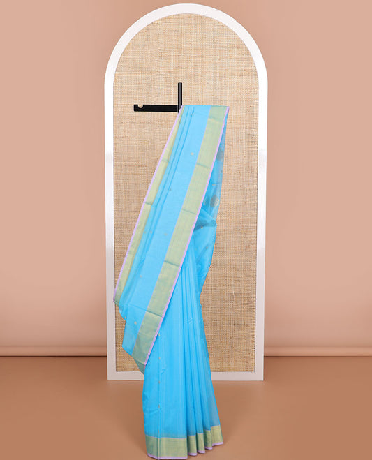Sky blue floral motifs chanderi cotton saree with self zari design border & striped pallu