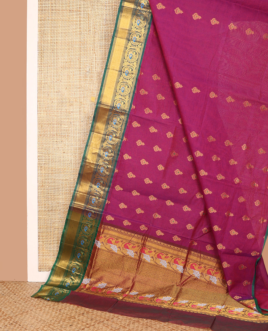 Magenta Venkatagiri Cotton Saree, Embellished with Meena Buttas on Its Body, Complemented by a Contrast Traditional Zari Border of Peacock Designs, Gleaming Scallop-Design Pallu, and Comes Without a Blouse