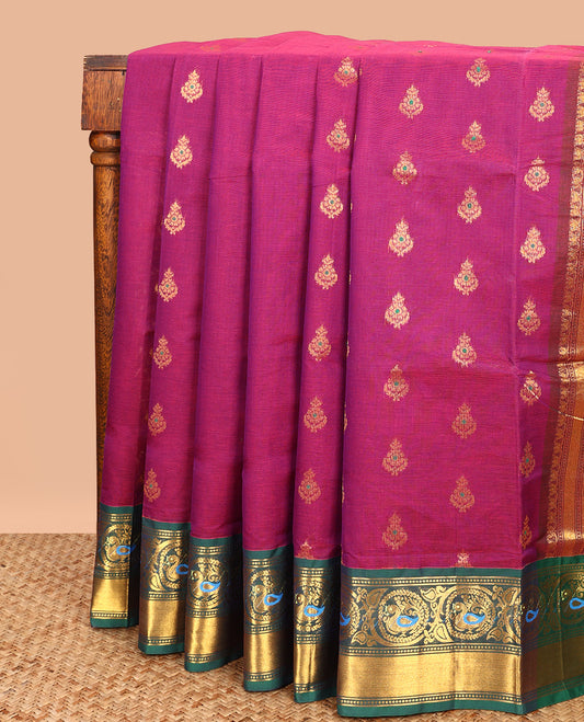 Magenta Venkatagiri Cotton Saree, Embellished with Meena Buttas on Its Body, Complemented by a Contrast Traditional Zari Border of Peacock Designs, Gleaming Scallop-Design Pallu, and Comes Without a Blouse
