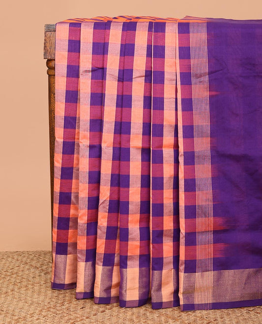 Multi-Colored Checked Poly Cotton Saree, Subtle Self-Border, Pallu Steeped with Stripes, and Paired with a Contrast Blouse