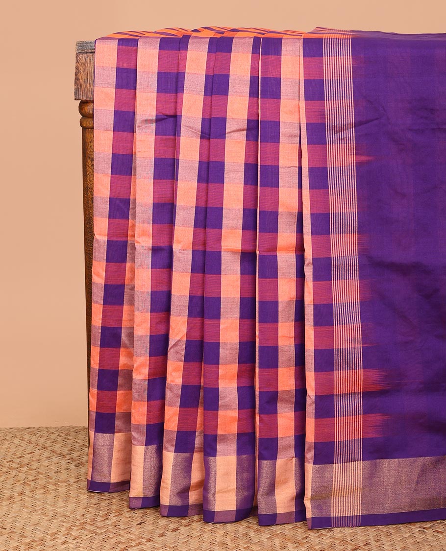 Multi-Colored Checked Poly Cotton Saree, Subtle Self-Border, Pallu Steeped with Stripes, and Paired with a Contrast Blouse