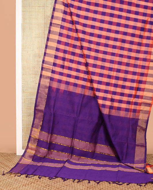Multi-Colored Checked Poly Cotton Saree, Subtle Self-Border, Pallu Steeped with Stripes, and Paired with a Contrast Blouse