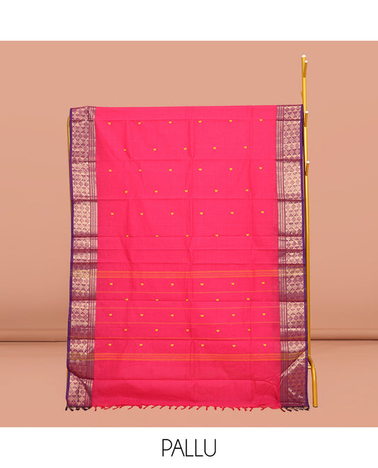 Pink Chettinad Cotton Saree, Subtly Sparkled with Buttas All Over Body, Complemented by a Contrasting Traditional Zari Design Border, Subtly Striped Pallu, and Paired with a Matching Blouse