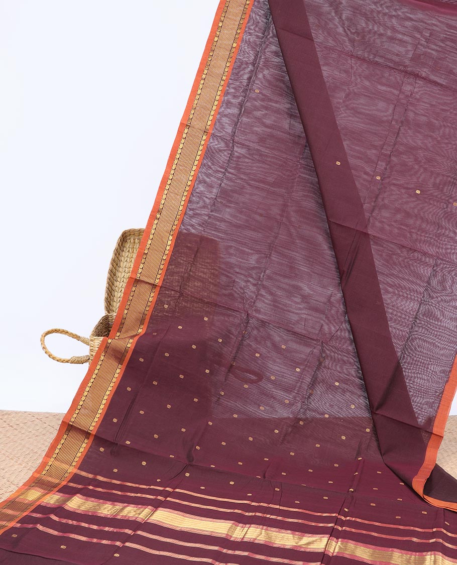Maroon buttas Vengatagiri cotton saree, contrast zari border & zari striped pallu