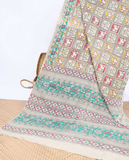 Multi-color enclosed checked machine-print kalamkari cotton saree, contrast floral & geometric printed border & pallu