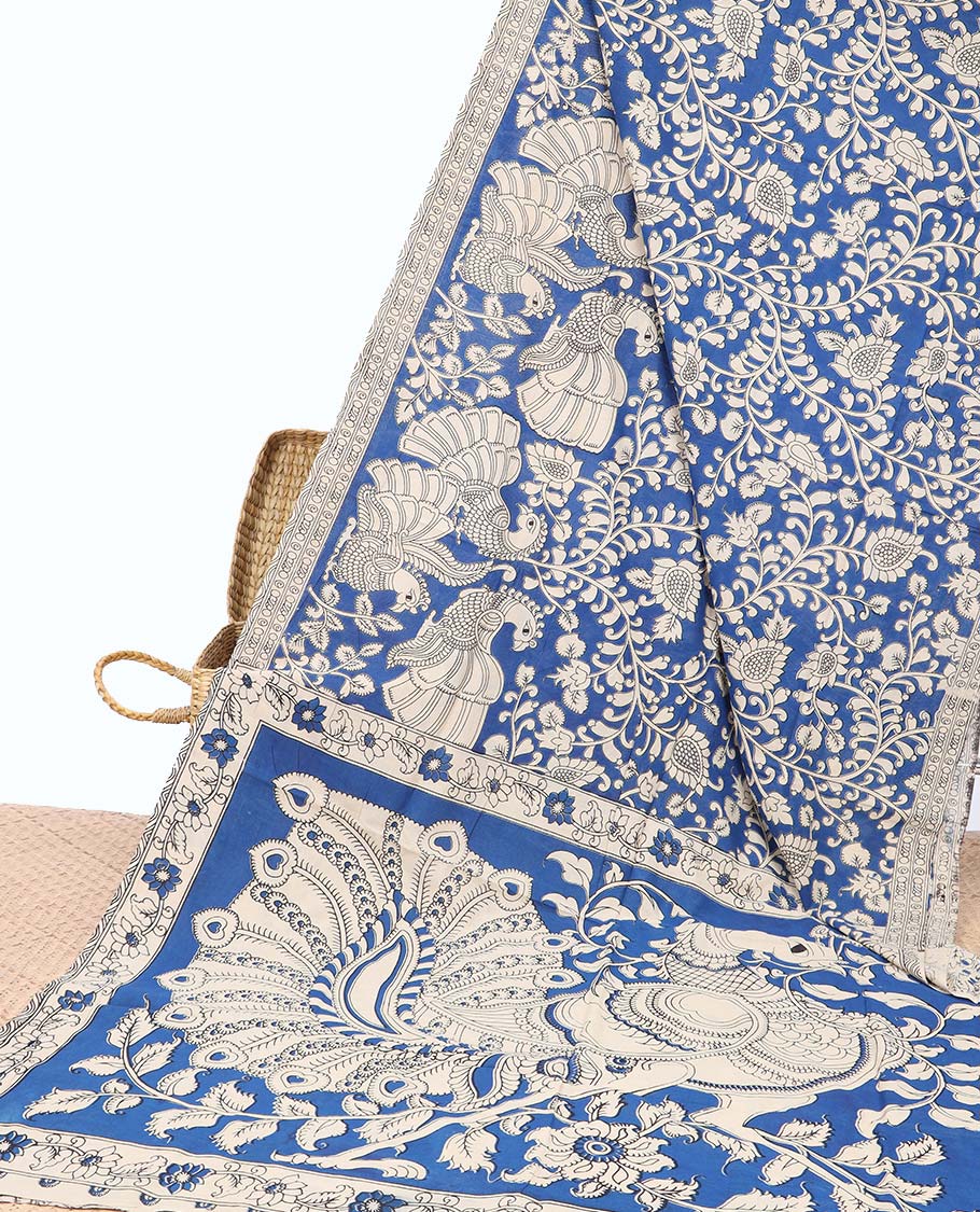 Black floral vine & peacock machine-printed kalamkari cotton saree, self-border & peacock motifs pallu