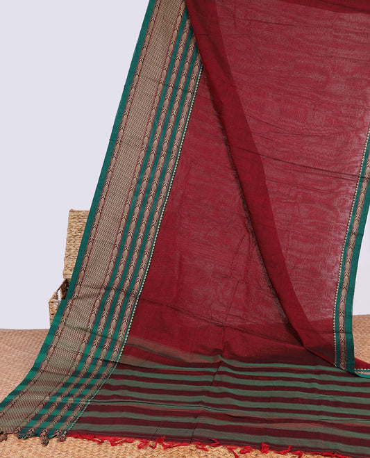 Maroon narayanapet cotton saree with contrast intricate design border & striped pallu