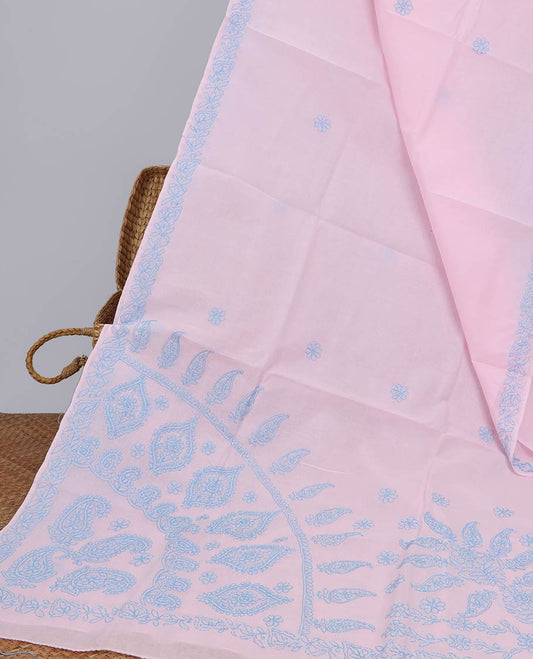 Pink flower embroidery lucknowi chikankari cotton saree with leaf border & floral, paisleys embroidered pallu
