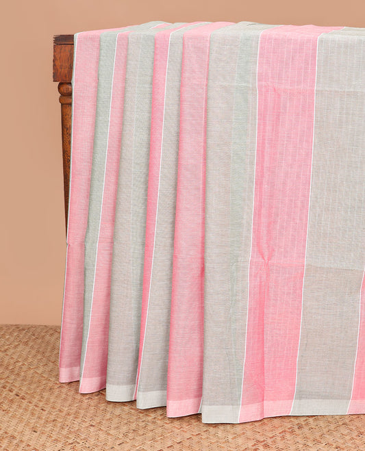 Borderless pink and grey jute cotton saree and striped pallu