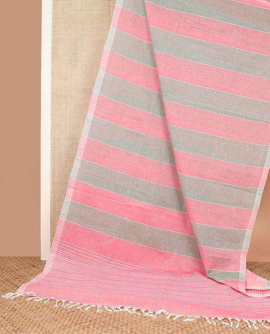 Borderless pink and grey jute cotton saree and striped pallu