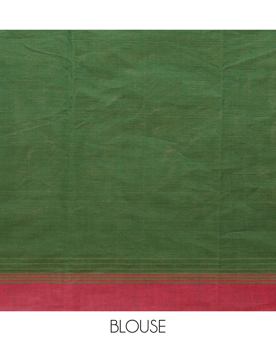 Green buttas woven Kanchi cotton saree, contrast plain border, and pallu of jaal design