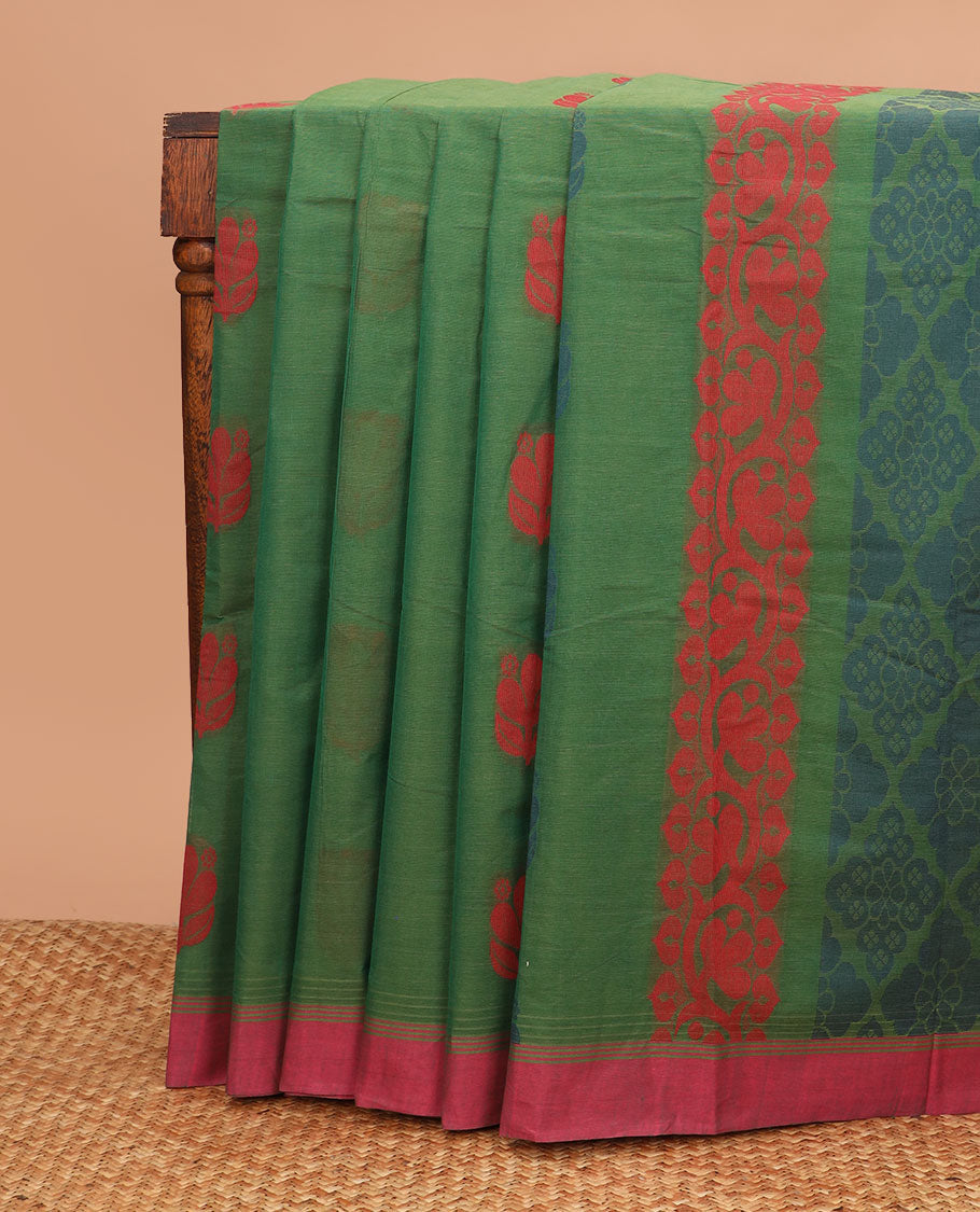 Green buttas woven Kanchi cotton saree, contrast plain border, and pallu of jaal design