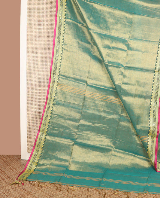 Green gleaming plain saree, contrast traditional motifs thread woven border, and striped pallu
