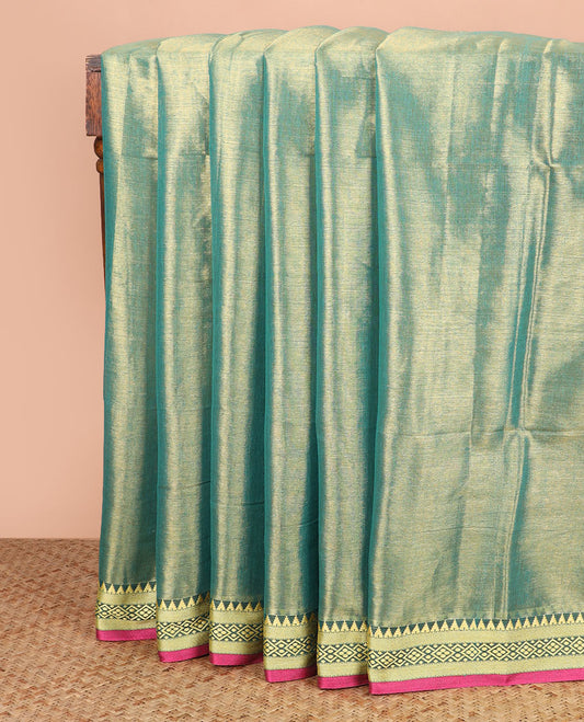 Green gleaming plain saree, contrast traditional motifs thread woven border, and striped pallu