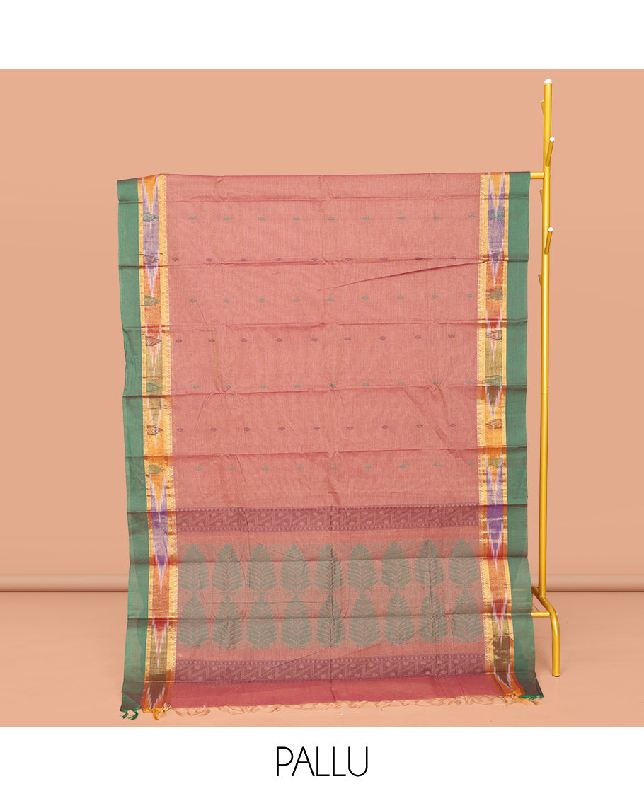 Pink Chettinad Cotton Saree, Sparsely Threaded with Buttas All Over Its Body, Complemented by a Contrast Ikkat Border, Pallu of Unique Designs, and Paired with a Matching Blouse