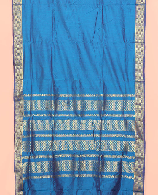 Blue Plain Nine Yard Cotton Saree, Complemented by Contrast Traditional Ara Maadam Design Border, Pallu of Ara Maadam Designs, and Comes Without a Blouse