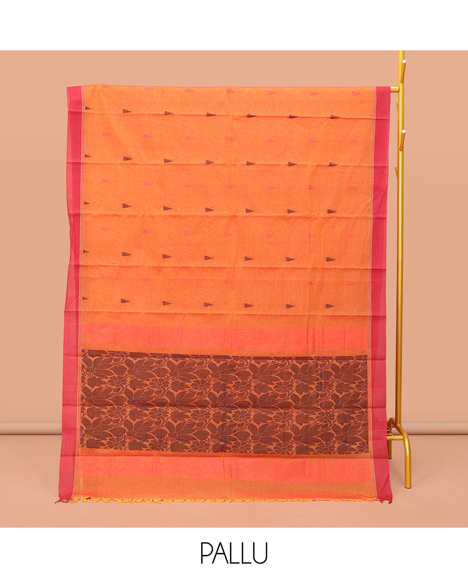 Orange Kanchi Cotton Saree, Featuring Temple Buttas on Its Body, Contrast Border, Pallu of Floral Design, and a Matching Blouse
