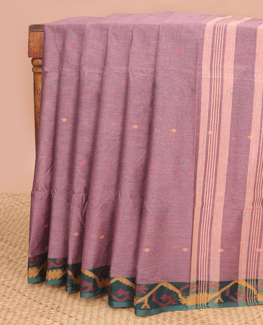 Mauve floral motifs bengal cotton saree with contrast floral zari design border & striped, floral design pallu