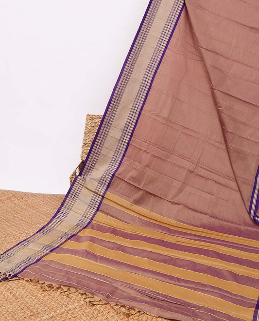 Sandal narayanapet cotton saree with contrast intricate zari design border & striped pallu