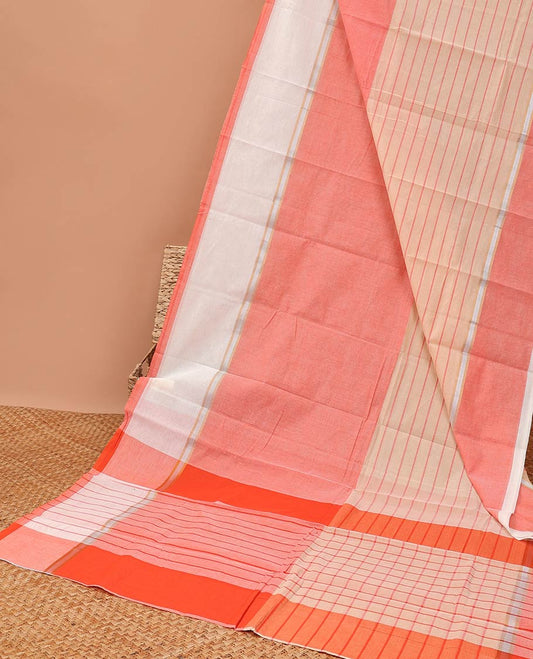 Orange striped chirla cottton saree with contrast border & checked pallu