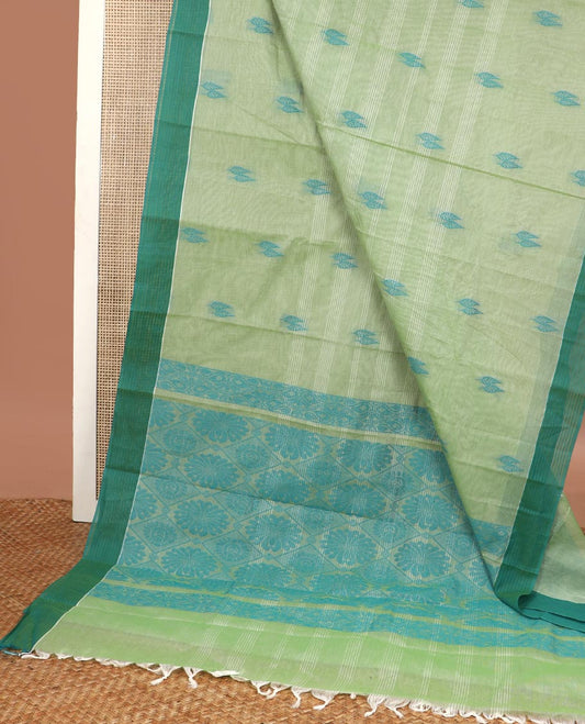 Light green striped, floral motifs kanchi cotton saree with contrast zari border & floral design pallu