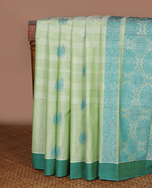 Light green striped, floral motifs kanchi cotton saree with contrast zari border & floral design pallu