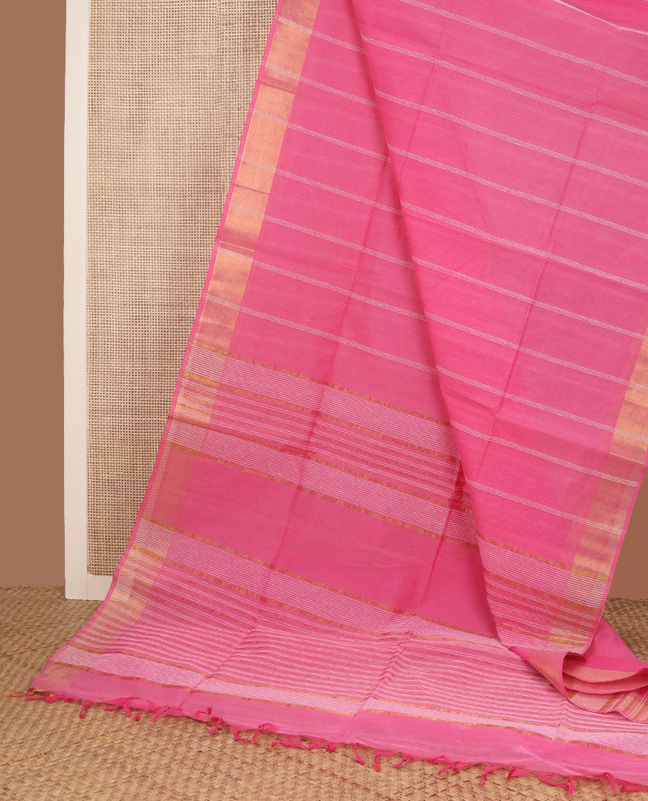 Rosemilk pink striped jute cotton saree, zari border & striped pallu