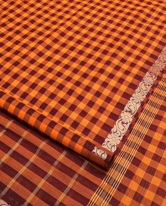 Multi-color medium checked nine-yard cotton saree,  floral design border, and striped pallu