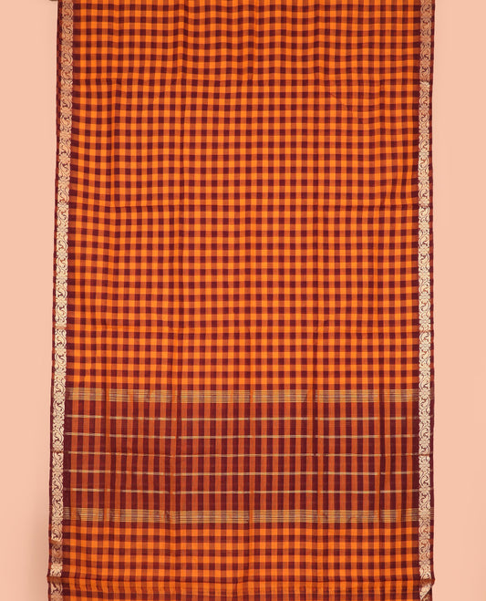 Multi-color medium checked nine-yard cotton saree,  floral design border, and striped pallu