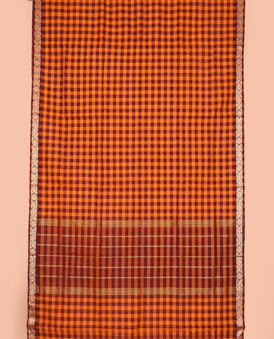 Multi-color medium checked nine-yard cotton saree,  floral design border, and striped pallu