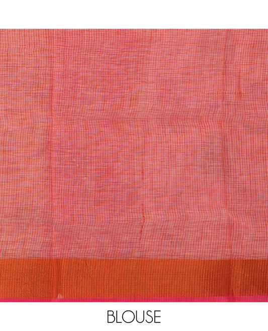 Pink leaf buttas cotton saree, contrast plain border and striped pallu