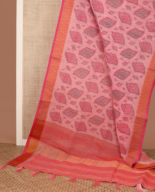 Pink leaf buttas cotton saree, contrast plain border and striped pallu