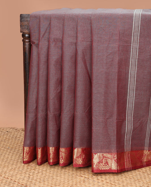 Red plain design Bengal cotton saree, contrast zari border, and  striped pallu