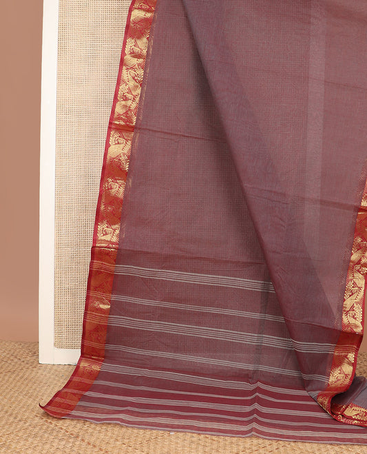 Red plain design Bengal cotton saree, contrast zari border, and  striped pallu