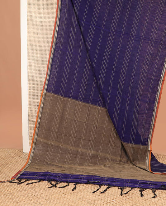 Ink blue striped Narayanapet cotton saree,  traditional motifs piping border, and contrast striped pallu