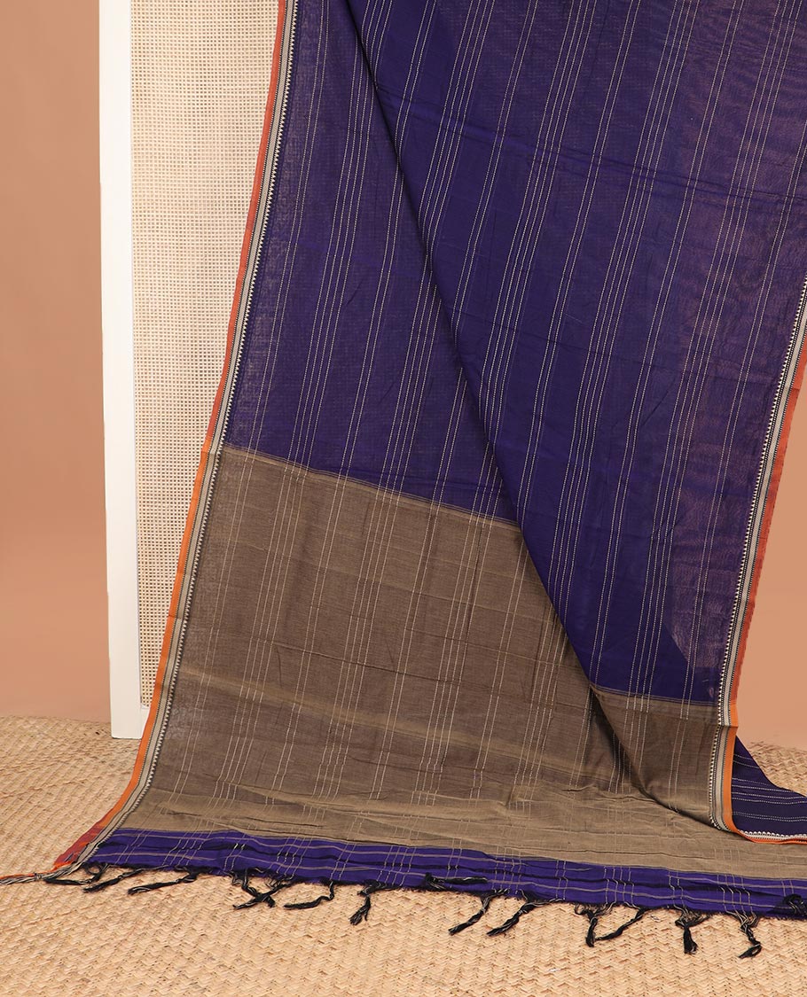 Ink blue striped Narayanapet cotton saree,  traditional motifs piping border, and contrast striped pallu