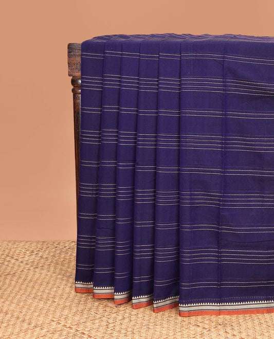 Ink blue striped Narayanapet cotton saree,  traditional motifs piping border, and contrast striped pallu