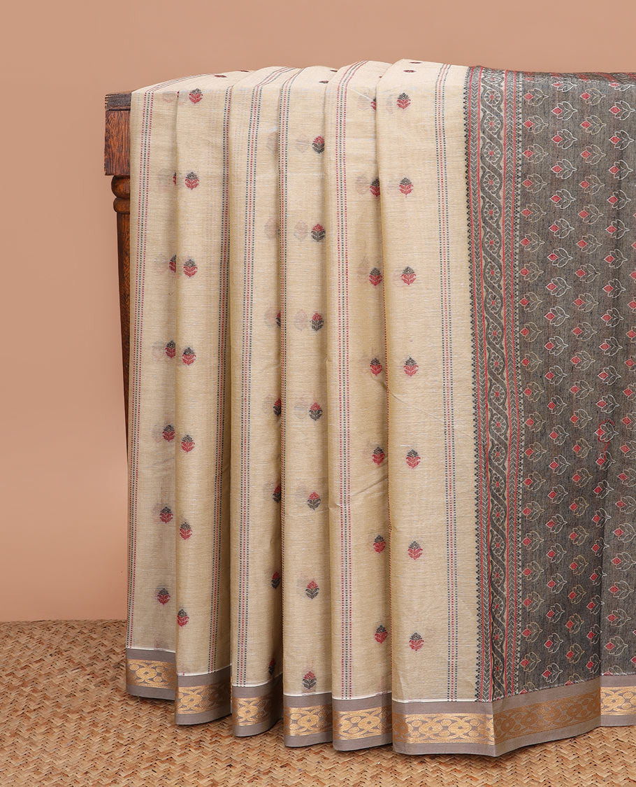 Sandal stripes, and floral buttas kanchi cotton saree, contrast zari border, and unique motifs steeped pallu