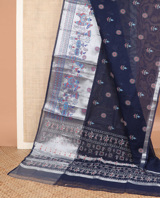 Navy blue leaf and sun motifs printed Andhra cotton saree, warli village-theme motif border, and pallu of warli print