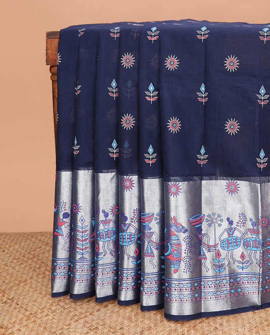Navy blue leaf and sun motifs printed Andhra cotton saree, warli village-theme motif border, and pallu of warli print