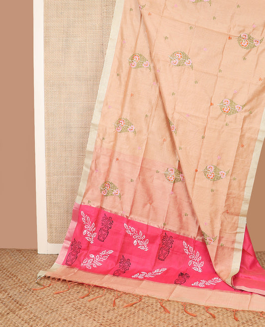 Sandal floral motifs embroidered chirala cotton saree, plain border, and contrast floral printed pallu